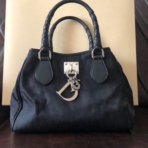 Dior canvas bag leather handles black silver charm